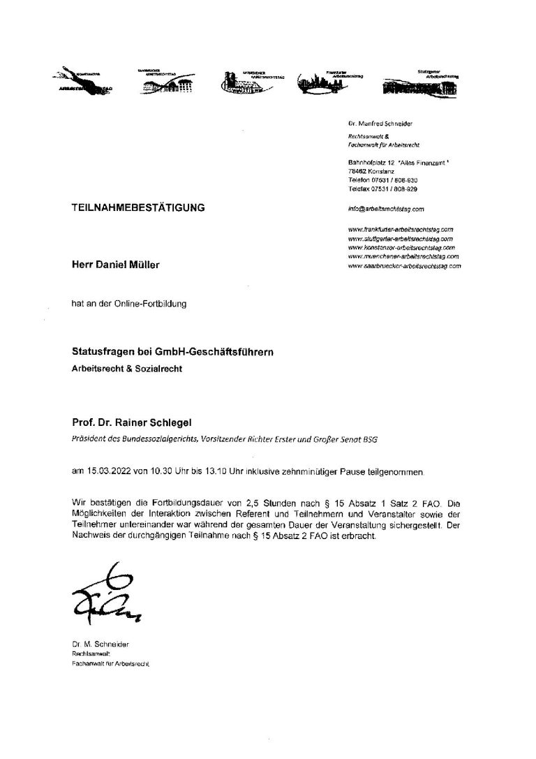 Teilnahmebestätigung "Statusfragen bei GmbH-Geschäftsführern"