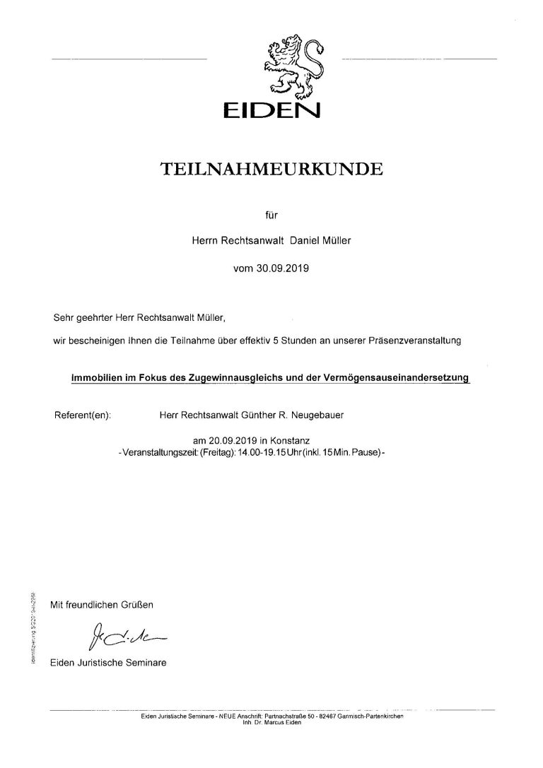 Teilnahmeurkunde "Immobilien im Fokus des Zugewinnausgleichs  und der Vermögensauseinandersetzung"