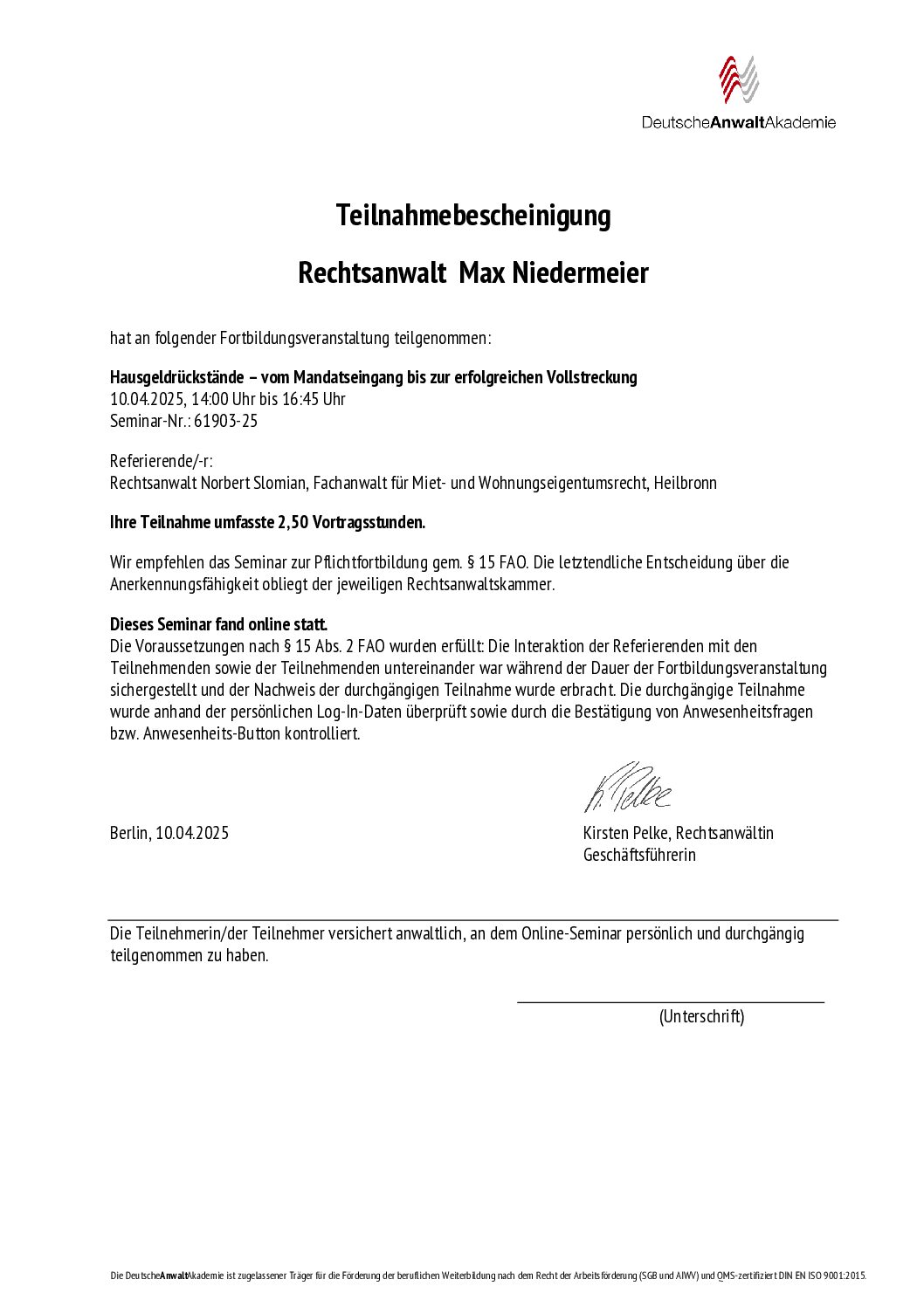 Teilnahmebescheinigung Hausgeldinkasso