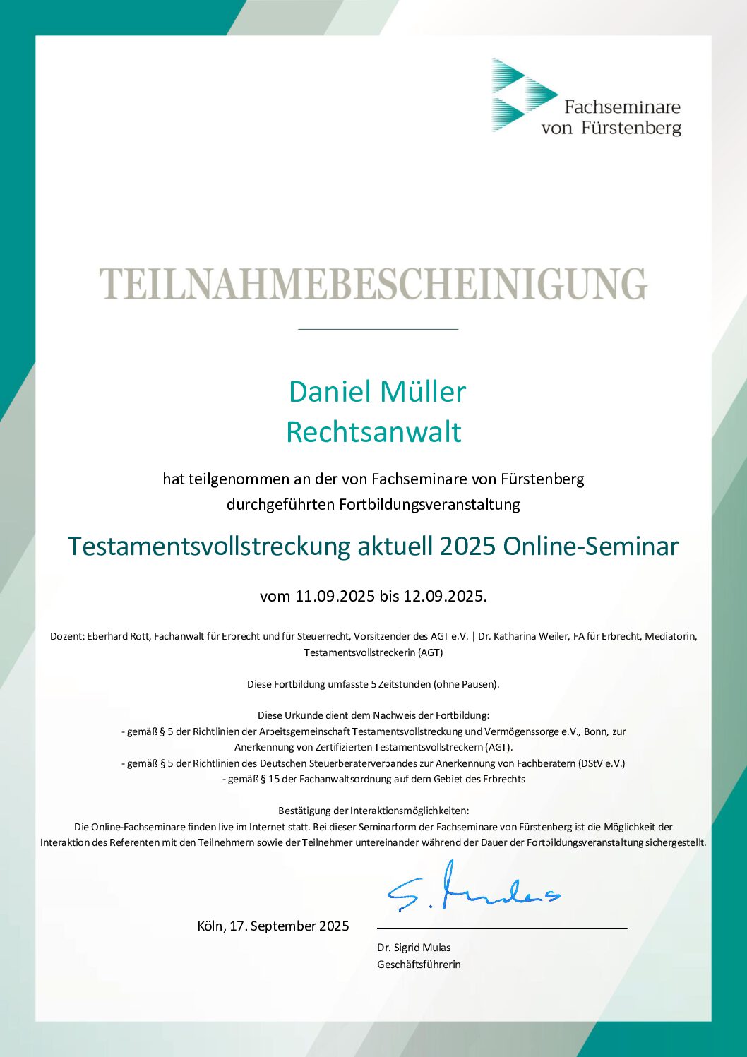 Seminar Testamentsvollstreckung aktuell